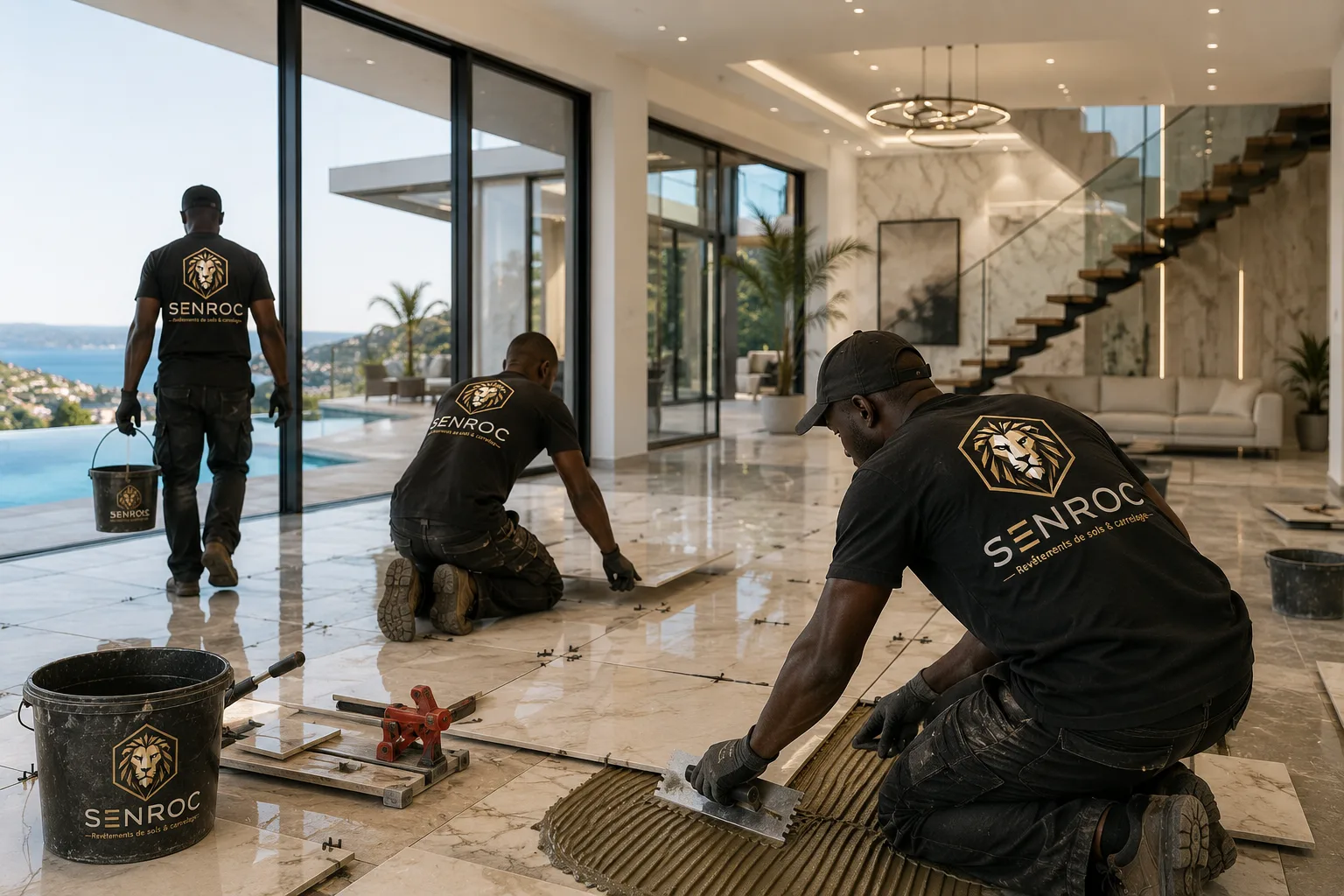 Équipe SENROC réalisant la pose d’un carrelage grand format dans une villa haut de gamme